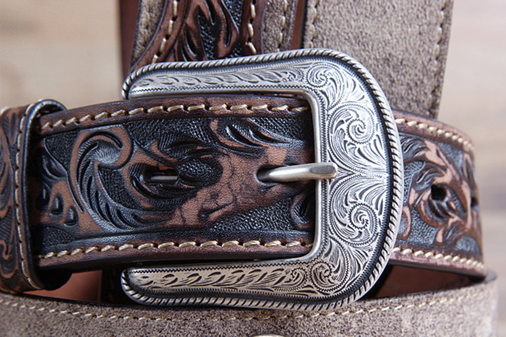 M&amp;F Western Men's Tooled Brown Tan Suede Western Belt Star Conchos Silver Buckle