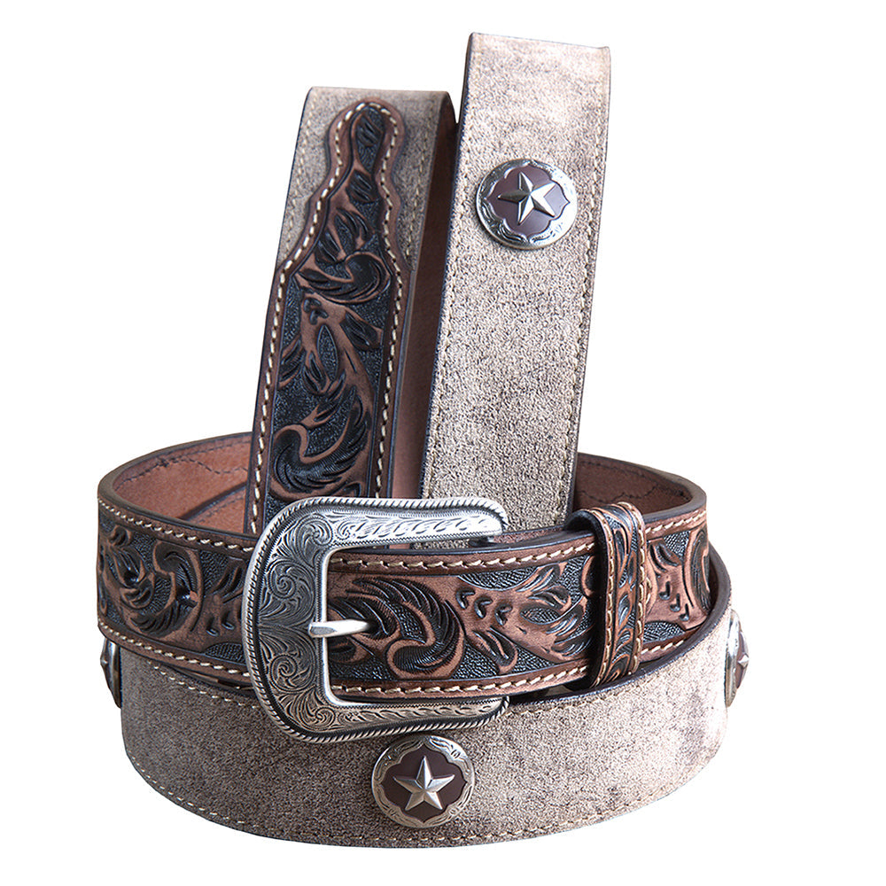 M&amp;F Western Men's Tooled Brown Tan Suede Western Belt Star Conchos Silver Buckle