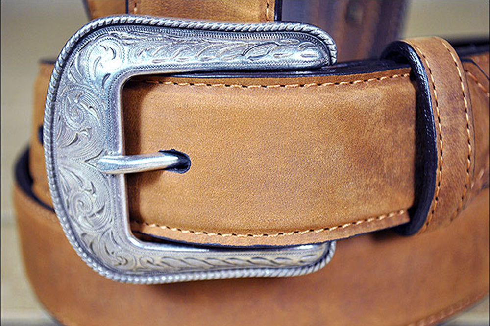 Rugged Tan Full-Grain Leather Belt Feathered Edge &amp; Removable Silver Buckle
