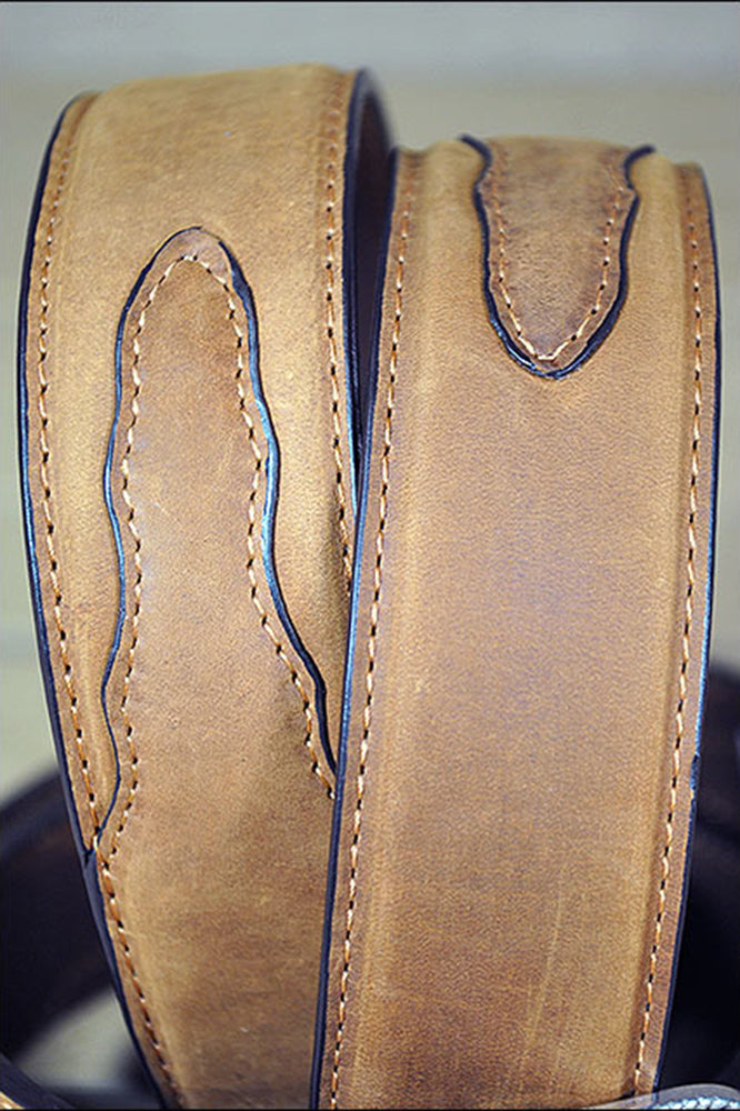 Rugged Tan Full-Grain Leather Belt Feathered Edge &amp; Removable Silver Buckle