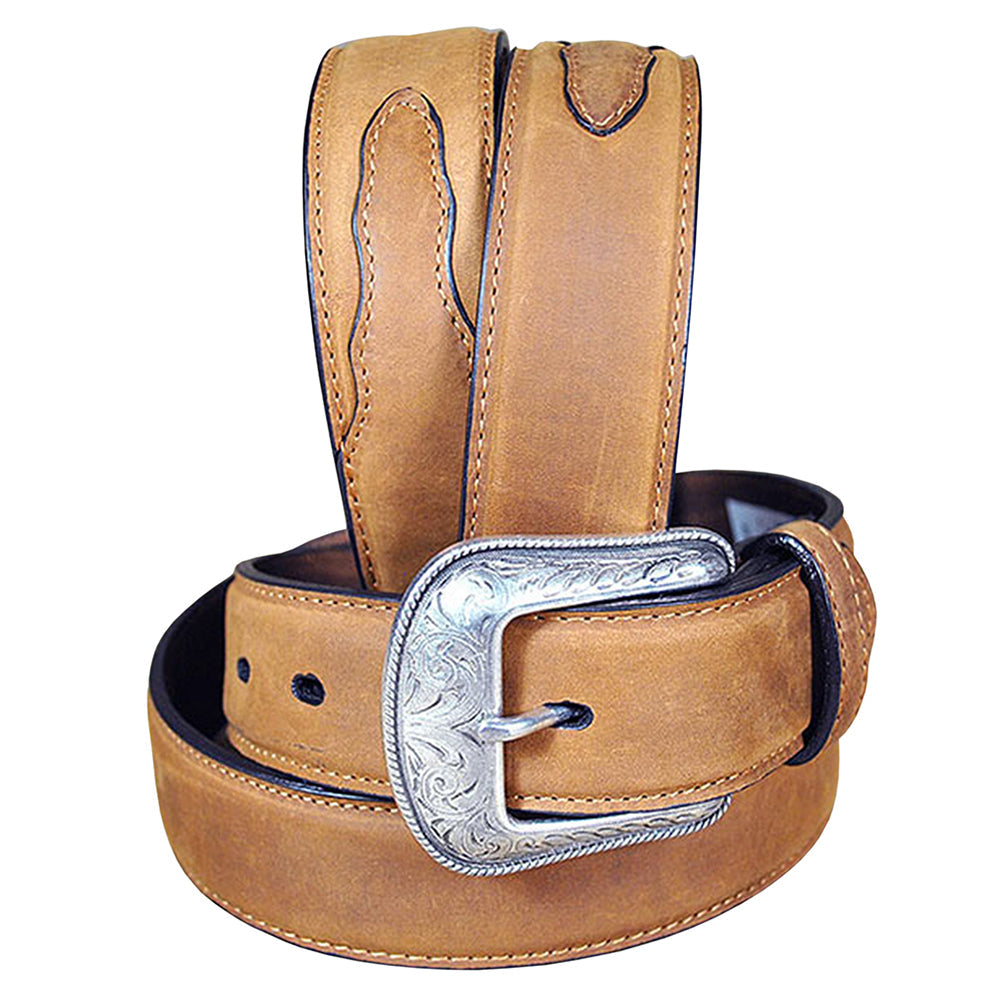 Rugged Tan Full-Grain Leather Belt Feathered Edge &amp; Removable Silver Buckle