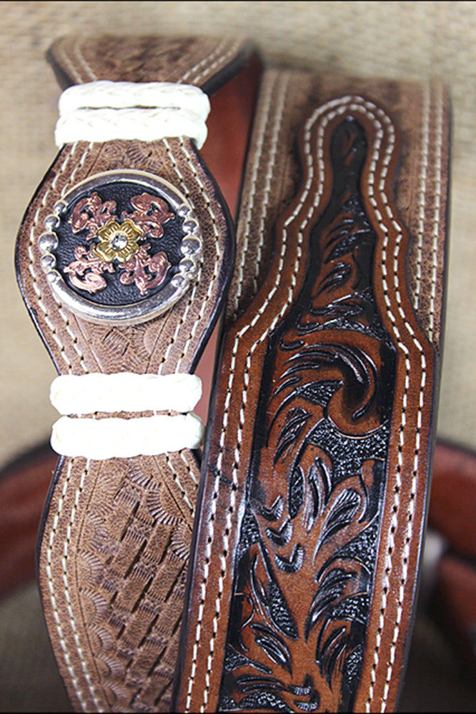 44 in 3D Belts 1 1/2 in Distressed Basket Weave Floral Leather Belt