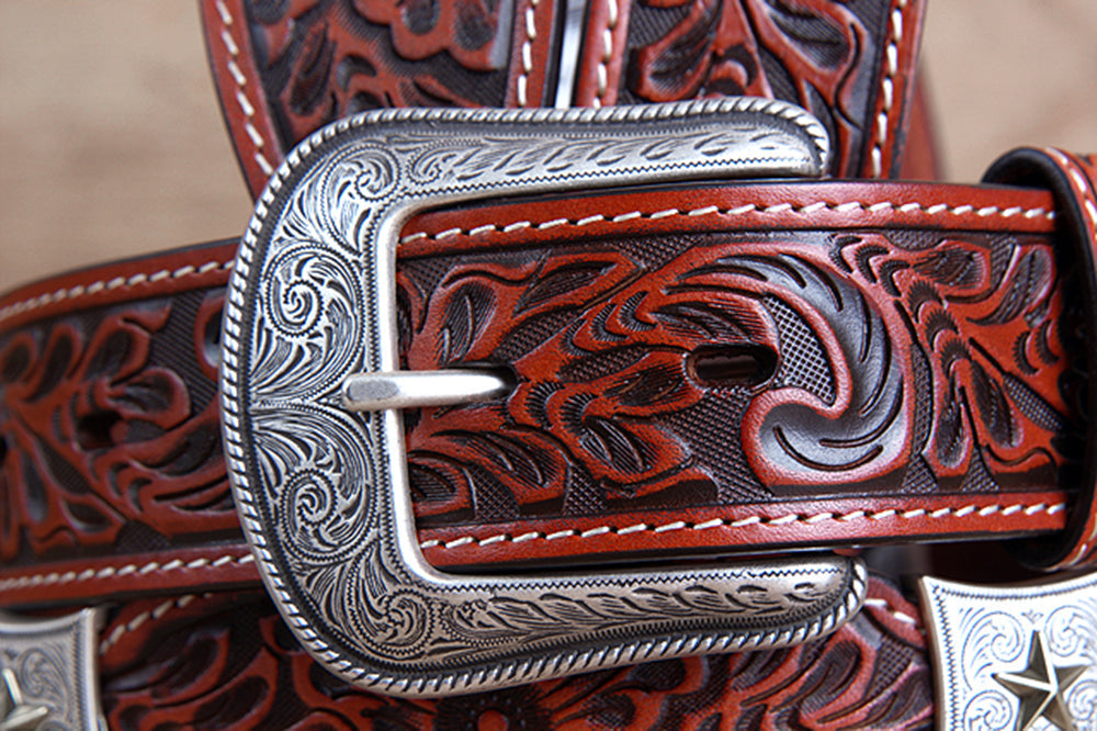 Cognac Brown Floral Embossed Full-Grain Leather Western Belt &amp; Silver Buckle