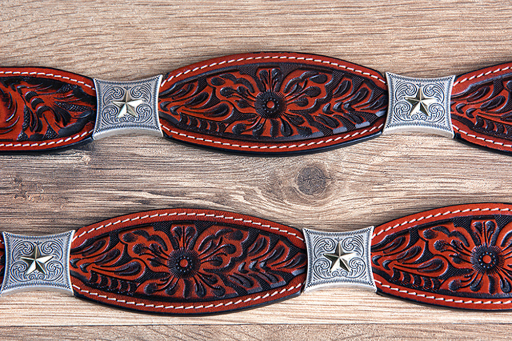 Cognac Brown Floral Embossed Full-Grain Leather Western Belt &amp; Silver Buckle