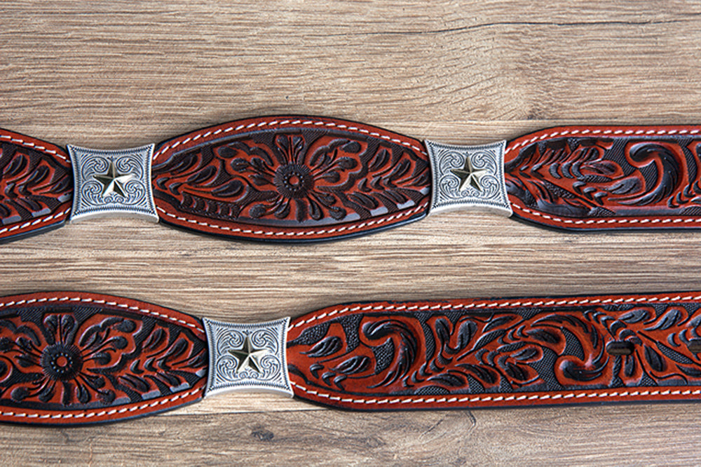 Cognac Brown Floral Embossed Full-Grain Leather Western Belt &amp; Silver Buckle