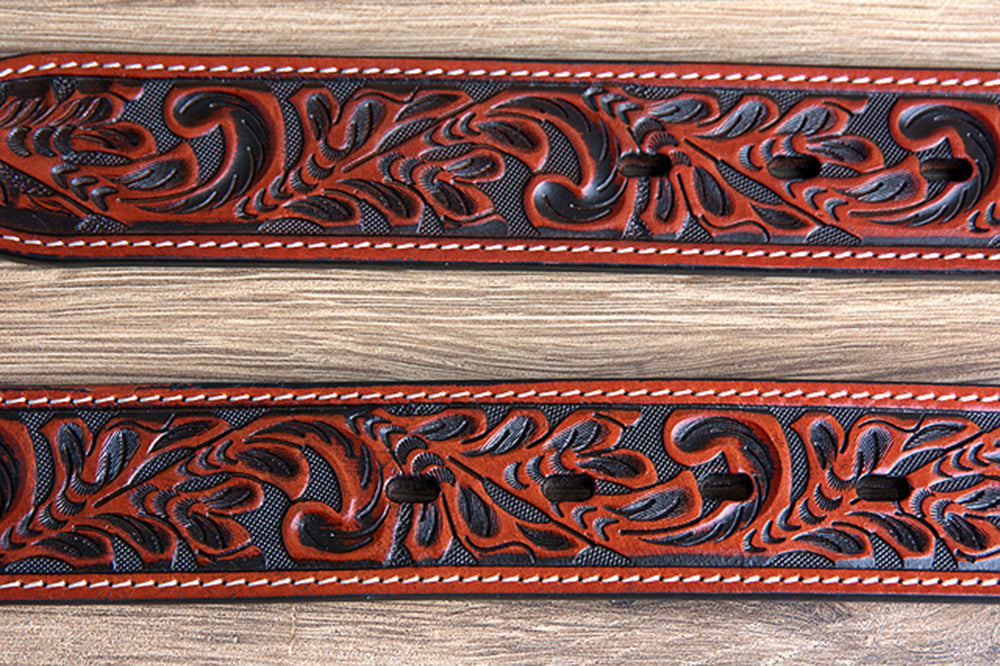 Cognac Brown Floral Embossed Full-Grain Leather Western Belt &amp; Silver Buckle