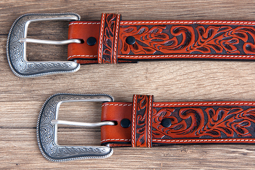 Cognac Brown Floral Embossed Full-Grain Leather Western Belt &amp; Silver Buckle