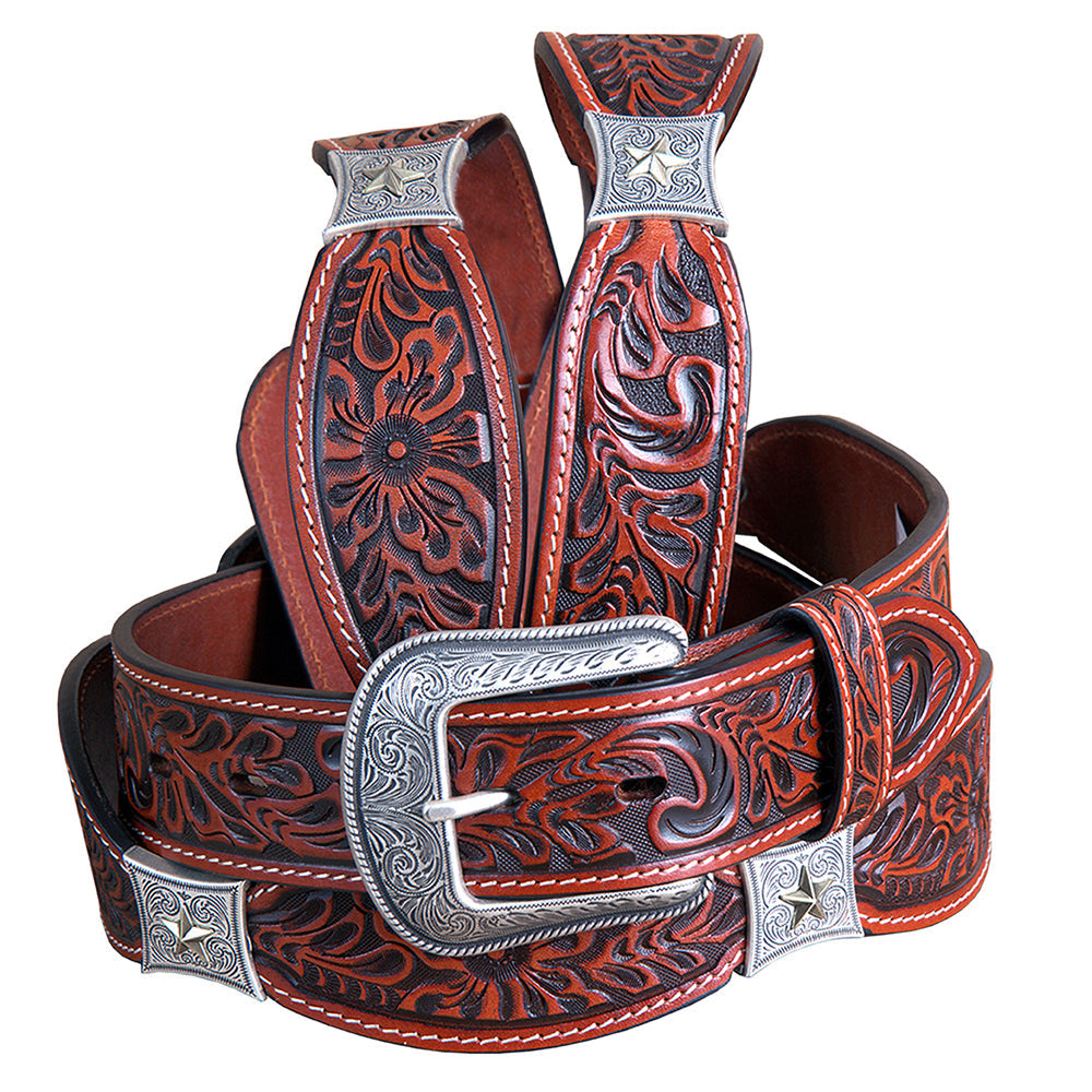 Cognac Brown Floral Embossed Full-Grain Leather Western Belt &amp; Silver Buckle