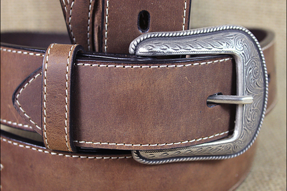 3D BELTS Men's Brown Leather Western Concho Belt Leaf Stitching Silver Buckle