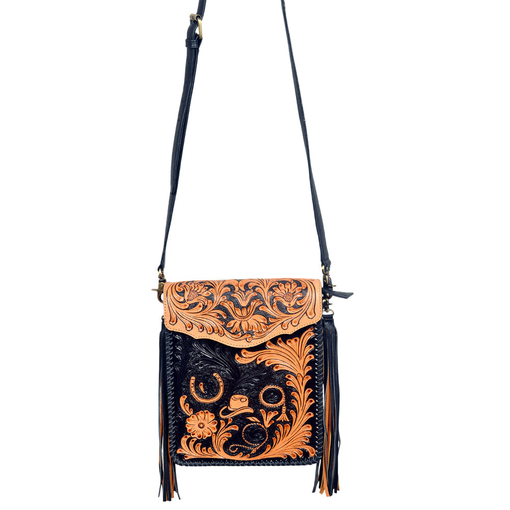 American Darling Western Black &amp; Tan Tooled Leather Crossbody Bag with Fringe