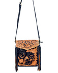 American Darling Western Black & Tan Tooled Leather Crossbody Bag with Fringe