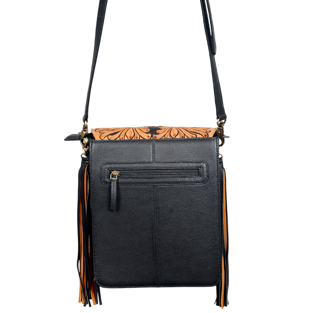 American Darling Western Black &amp; Tan Tooled Leather Crossbody Bag with Fringe