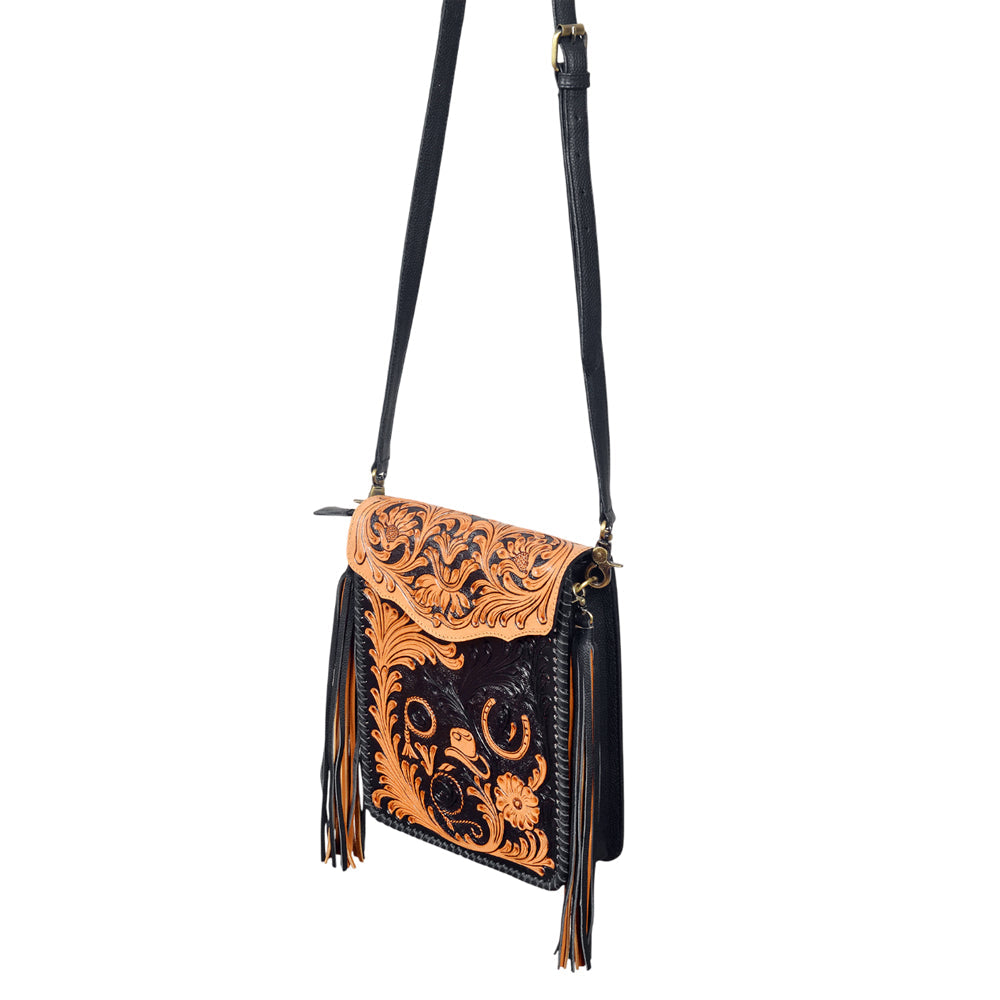 American Darling Western Black &amp; Tan Tooled Leather Crossbody Bag with Fringe