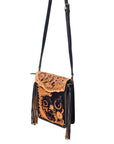 American Darling Western Black & Tan Tooled Leather Crossbody Bag with Fringe