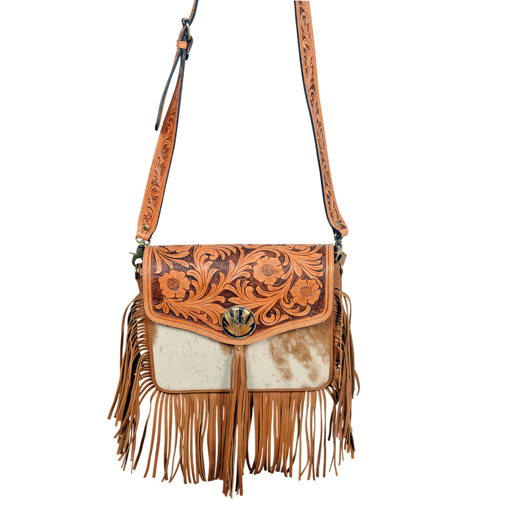 American Darling Western Floral Tooled Leather &amp; Cowhide Fringe Crossbody Bag