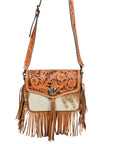 American Darling Western Floral Tooled Leather & Cowhide Fringe Crossbody Bag