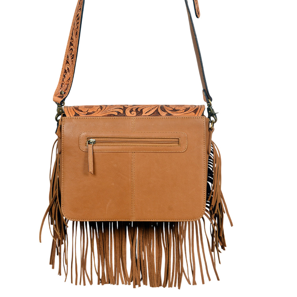 American Darling Western Floral Tooled Leather &amp; Cowhide Fringe Crossbody Bag