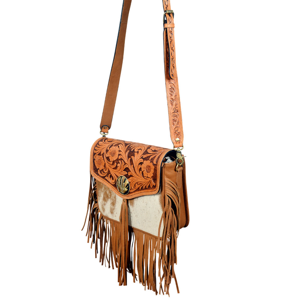 American Darling Western Floral Tooled Leather &amp; Cowhide Fringe Crossbody Bag