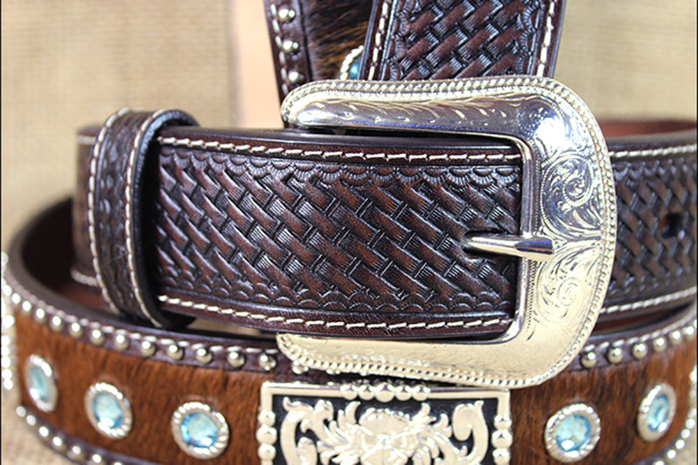 Dark Brown Tooled Leather &amp; Hair-On Belt Blue Crystals Basketweave Silver Buckle