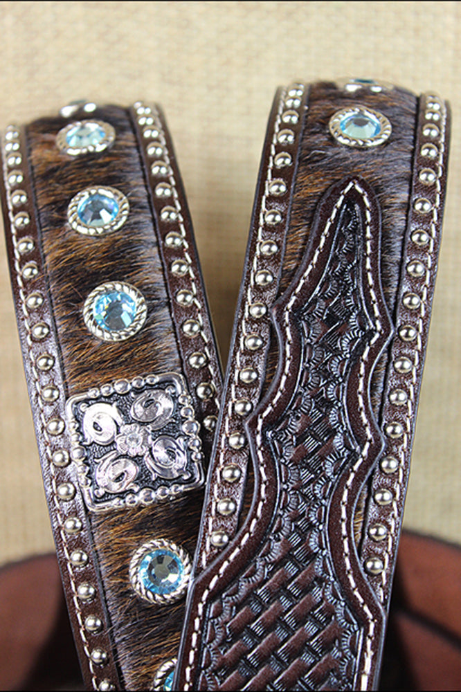 Dark Brown Tooled Leather &amp; Hair-On Belt Blue Crystals Basketweave Silver Buckle