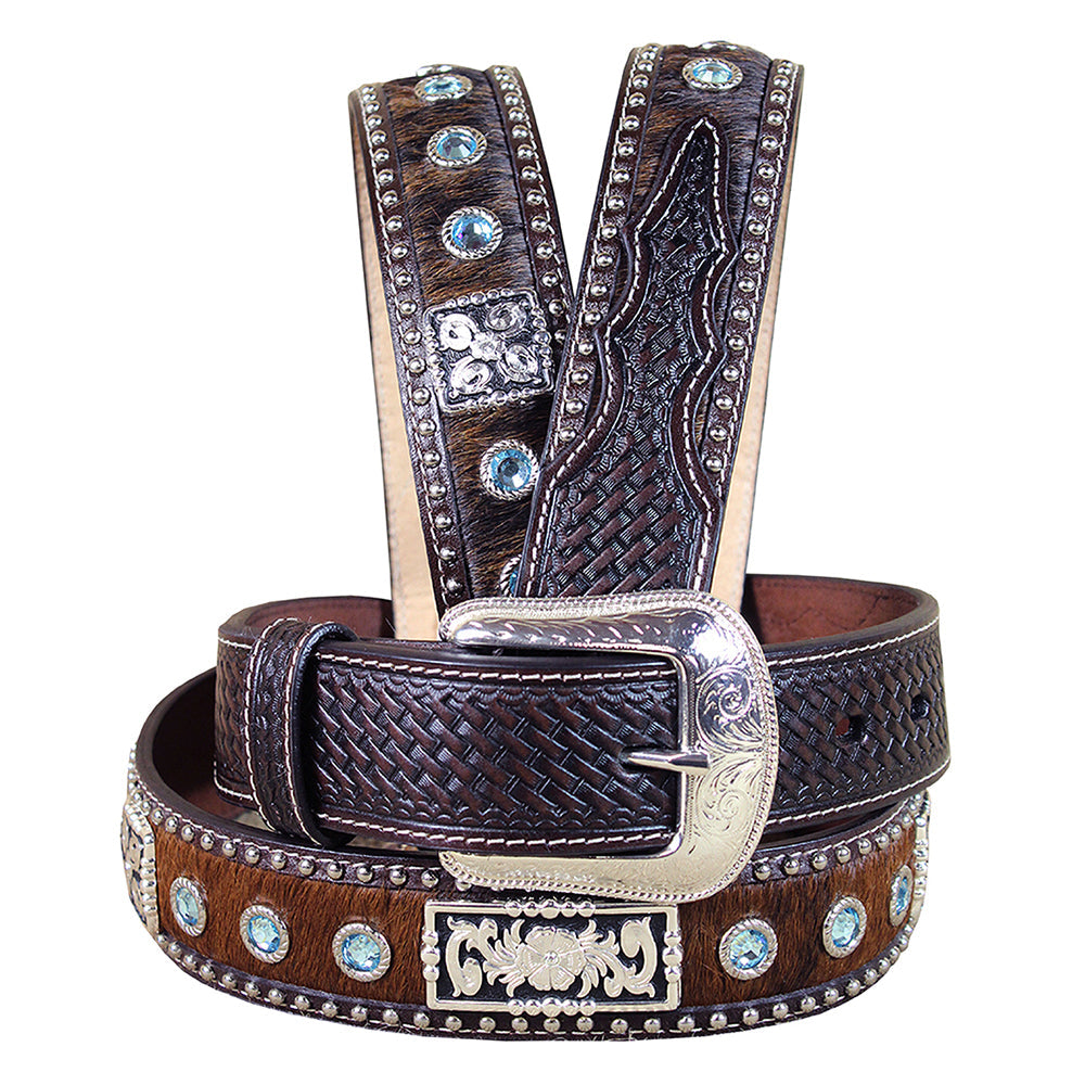 Dark Brown Tooled Leather &amp; Hair-On Belt Blue Crystals Basketweave Silver Buckle