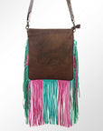 HILASON Women’s Large Genuine Leather Western Crossbody Bag Cowhide Purse Multi-Color Pink & Teal Fringe Tooled Floral Strap