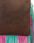 HILASON Women’s Large Genuine Leather Western Crossbody Bag Cowhide Purse Multi-Color Pink & Teal Fringe Tooled Floral Strap