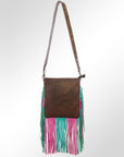 HILASON Women’s Large Genuine Leather Western Crossbody Bag Cowhide Purse Multi-Color Pink & Teal Fringe Tooled Floral Strap