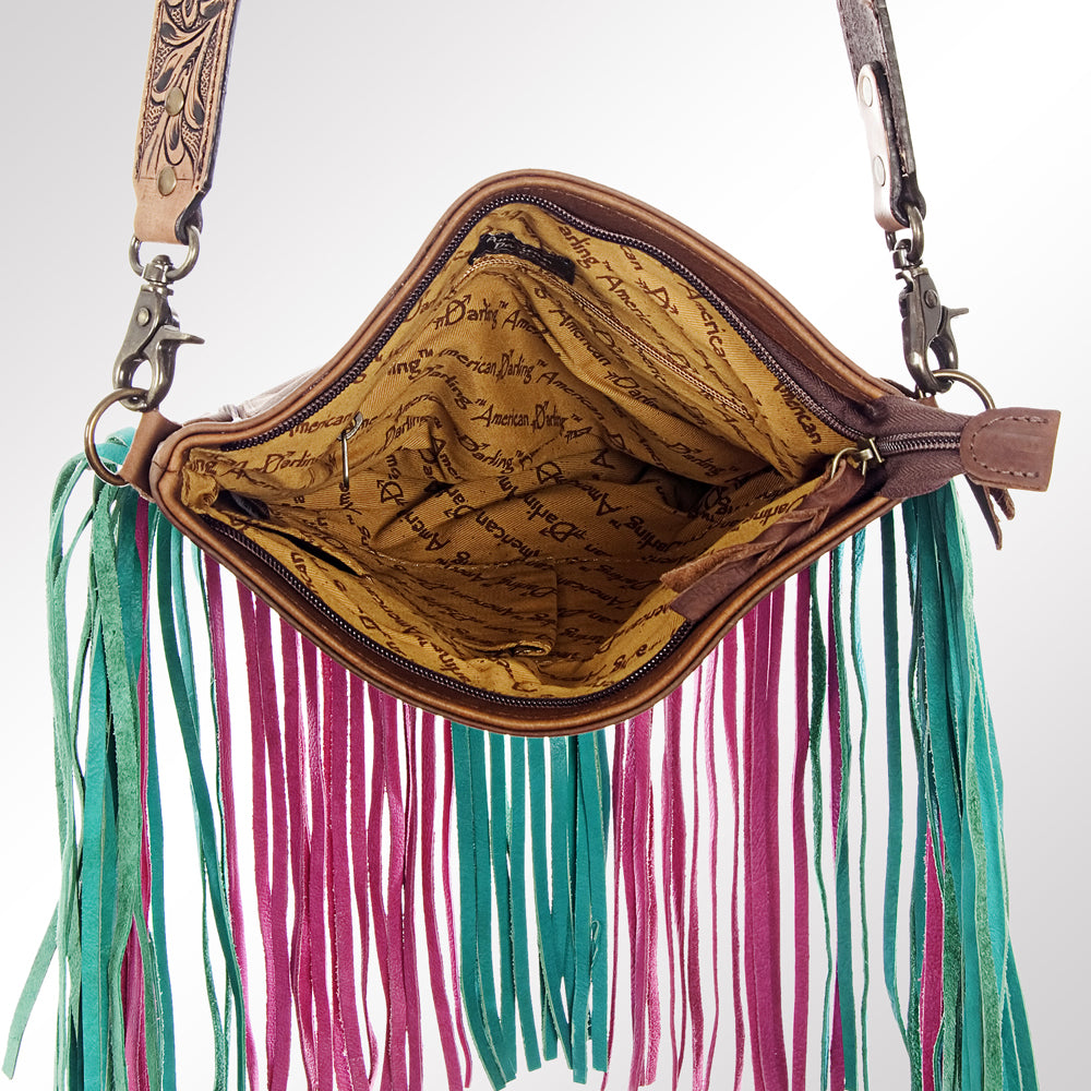HILASON Women’s Large Genuine Leather Western Crossbody Bag Cowhide Purse Multi-Color Pink &amp; Teal Fringe Tooled Floral Strap