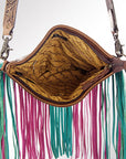 HILASON Women’s Large Genuine Leather Western Crossbody Bag Cowhide Purse Multi-Color Pink & Teal Fringe Tooled Floral Strap
