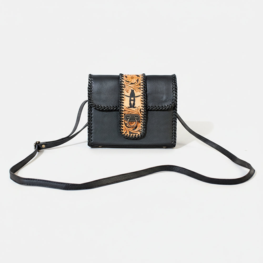 Laurel Rodeo Hand-Tooled Genuine Leather Crossbody Shoulder Bag Black | Houston Livestock Show and Rodeo