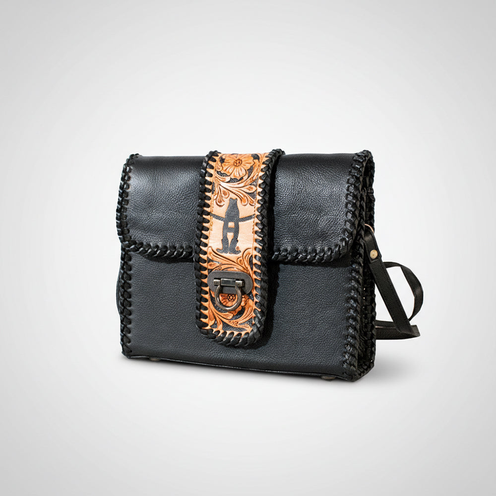 Laurel Rodeo Hand-Tooled Genuine Leather Crossbody Shoulder Bag Black | Houston Livestock Show and Rodeo