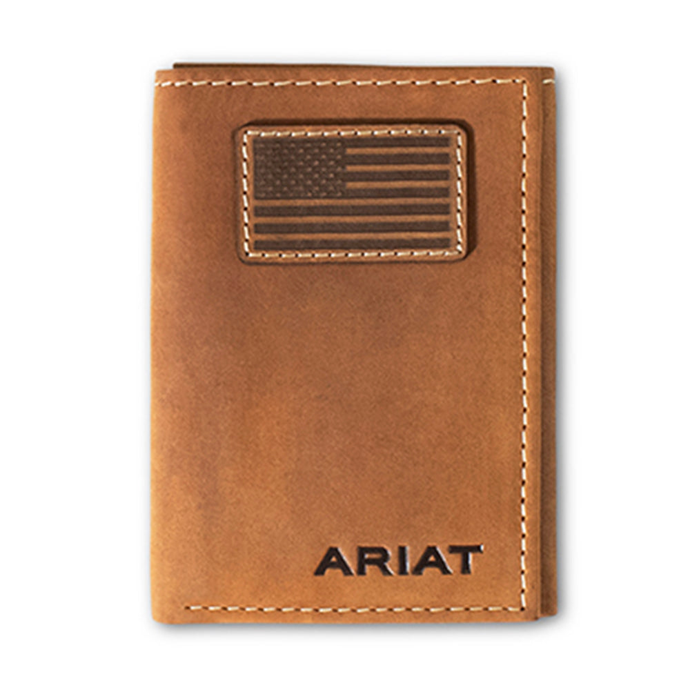 Ariat Men’s Distressed Brown USA Flag Patch Trifold Wallet