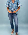 Floral Stripe Trim Tie-Neck Short Sleeve Blouse