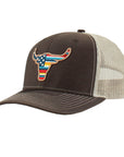 ARIAT Men’s R112 Snapback Cap – USA Flag Bull Embroidered Patch, Brown Front with Khaki Mesh Back, 100% Polyester