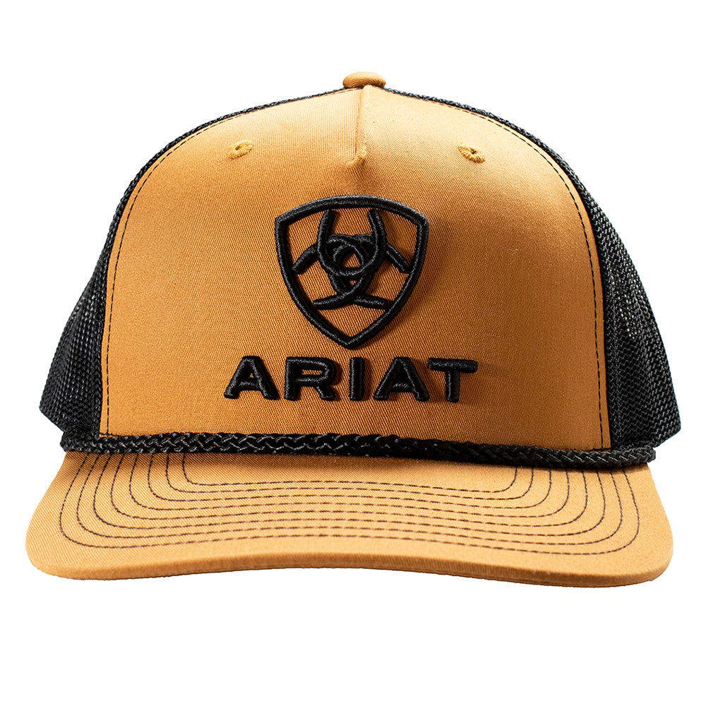 ARIAT Men’s Tan 5-Panel Snapback Cap – 3D Embroidered Logo &amp; Shield, Mesh Back