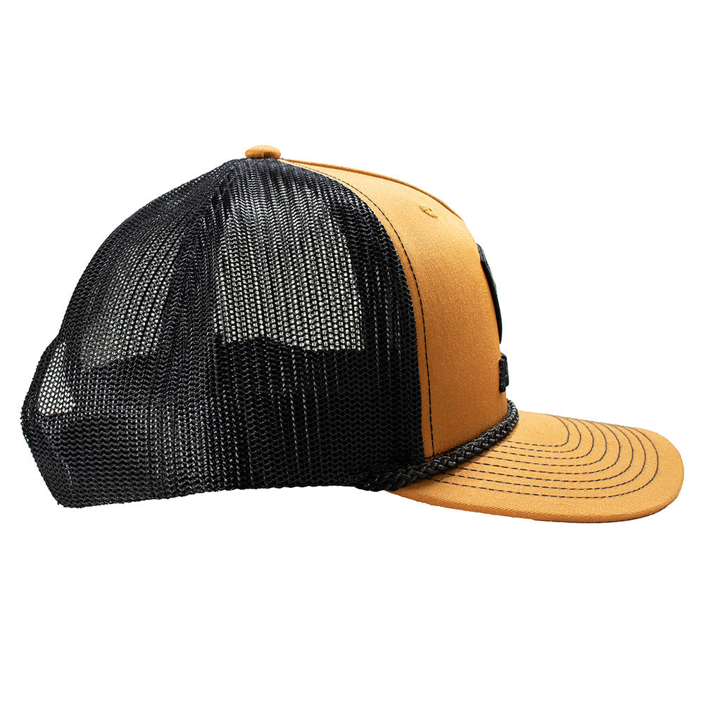 ARIAT Men’s Tan 5-Panel Snapback Cap – 3D Embroidered Logo &amp; Shield, Mesh Back