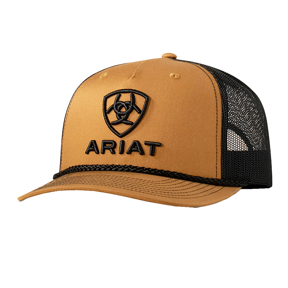 ARIAT Men’s Tan 5-Panel Snapback Cap – 3D Embroidered Logo &amp; Shield, Mesh Back