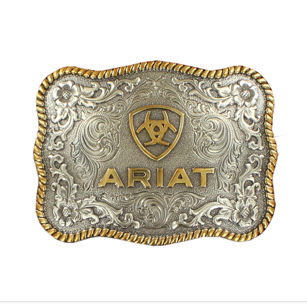 Ariat Men’s Two-Tone Scalloped Belt Buckle Gold &amp; Silver Buckle Engraved Floral Twisted Rope Edge