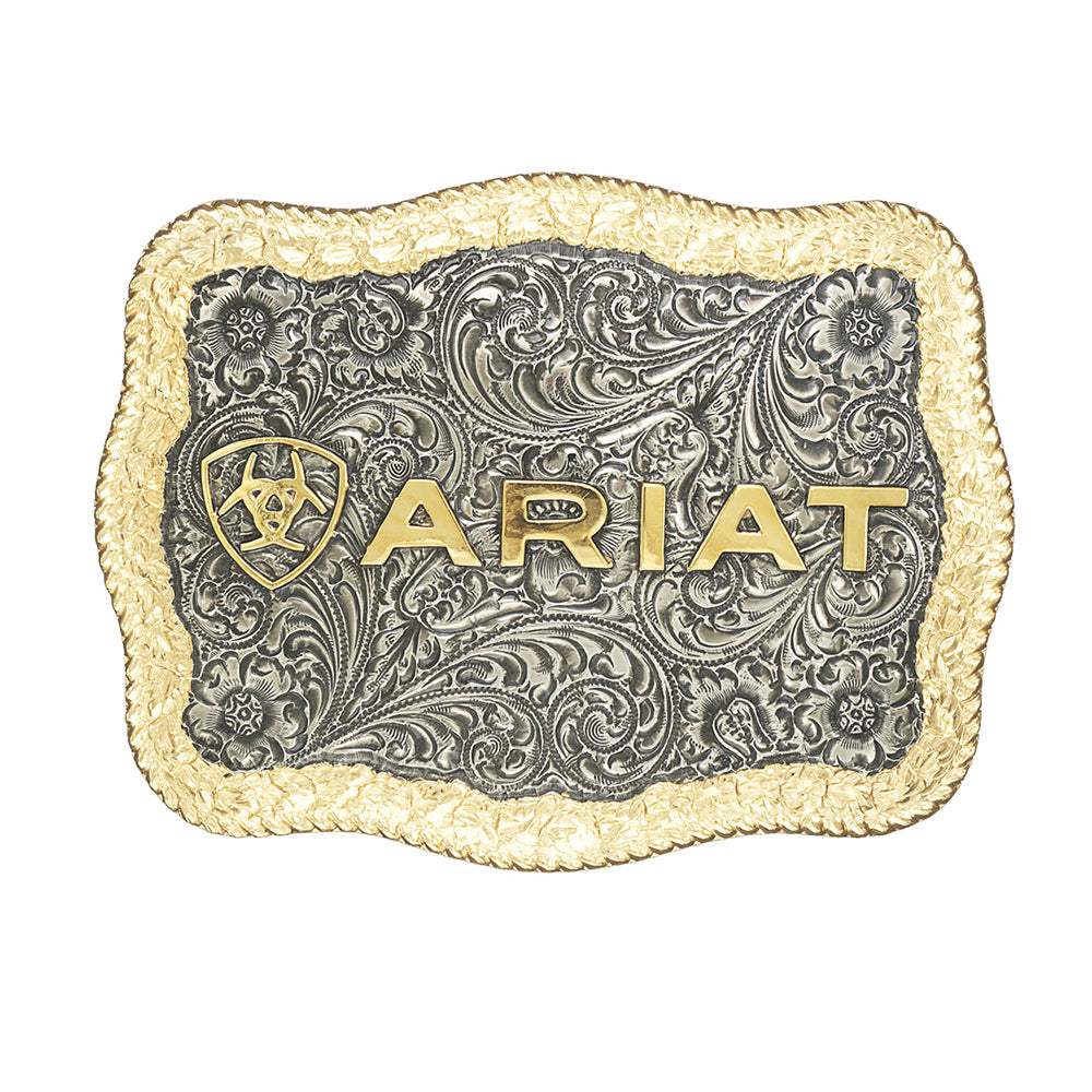 Ariat Men’s Large Two-Tone Rectangle Belt Buckle Antique Silver &amp; Gold Finish Engraved with Shield Logo – 4-1/2" X 3-1/2"