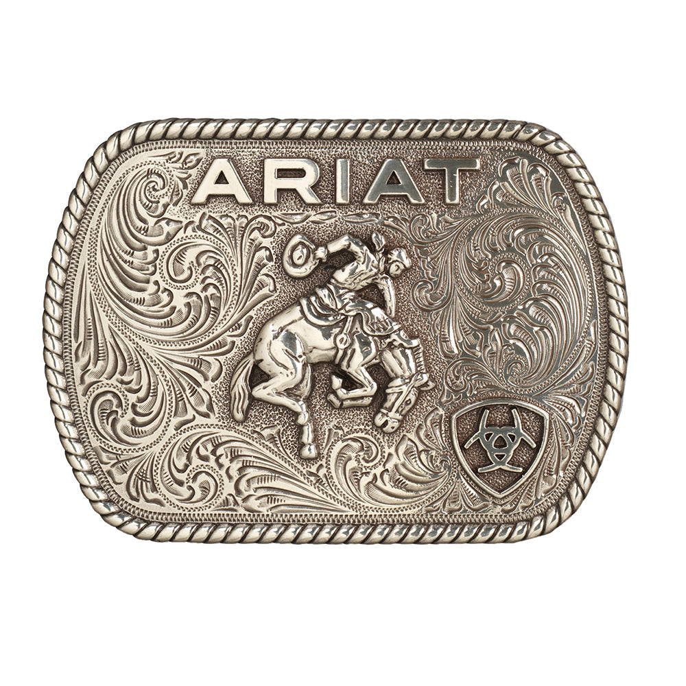 Ariat Men’s Vintage Saddle Bronc Belt Buckle – Antique Silver Finish – 3-1/2" x 2-1/2" Rectangle Trophy Buckle