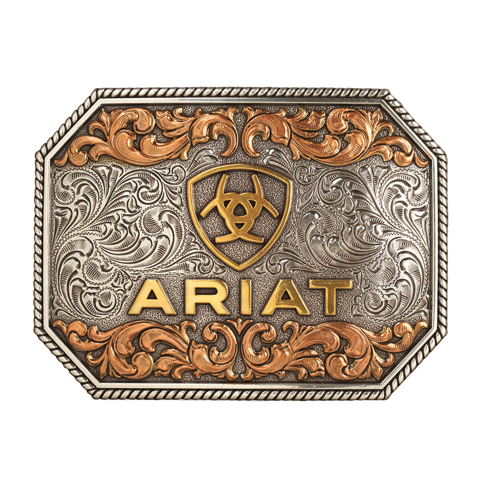 Ariat Men’s Raised Logo Antique Leaf Belt Buckle Multi-Tone Silver Gold &amp; Copper Finish 4" x 3" Rectangle Trophy Buckle