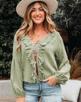 Natalia Bow Tie Front Ruffle Trim Long Sleeve Gauze Blouse