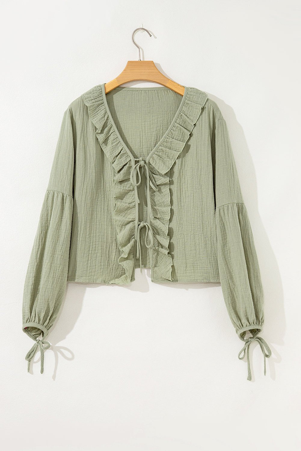Natalia Bow Tie Front Ruffle Trim Long Sleeve Gauze Blouse