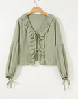 Natalia Bow Tie Front Ruffle Trim Long Sleeve Gauze Blouse