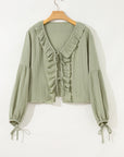 Solid Tie Front V-Neck Ruffle Trim Blouse