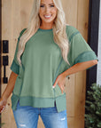 Colorblock 3/4 Sleeve Raw Seam High-Low Top