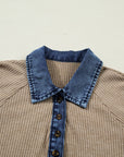 Denim Patchwork Ribbed Knit Polo Collar Top