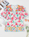 Floral Stripe Detail Split Neck Short Sleeve Blouse
