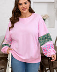 Plus Size Floral Patch Sleeve Ribbed Trim Sweatshirt